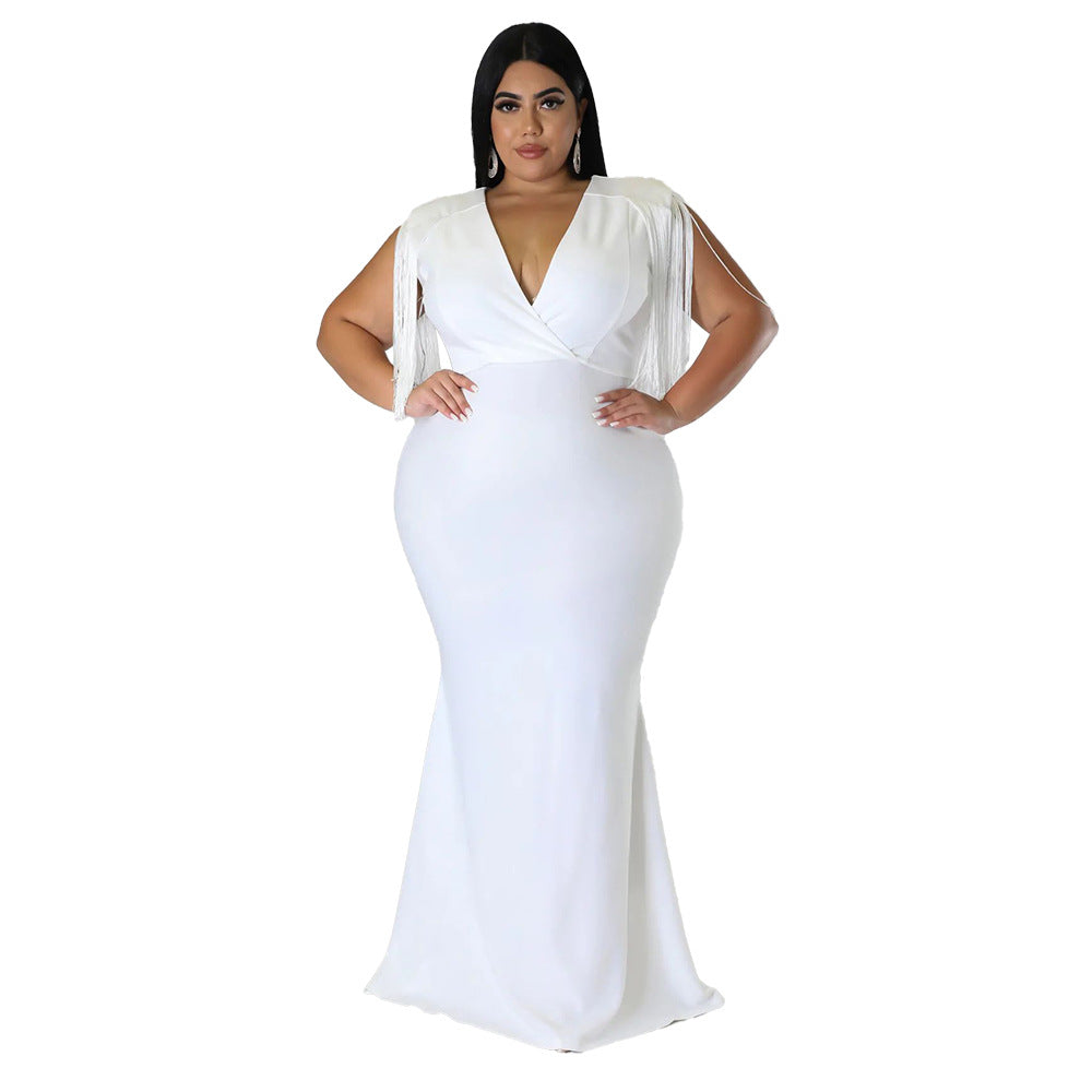 Women's Plus-Size Tassel V-Neck Long-Sleeve Slim-Fit Dress