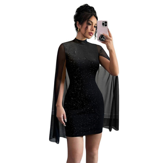 Stylish High-neck Dress Black Featuring Sparkling Rhinestones