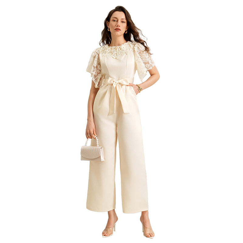 Womens Versatile Solid-Color Casual Satin Jumpsuit