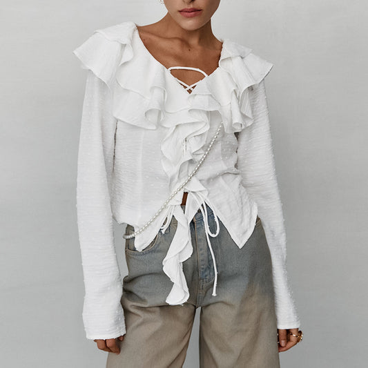 White Crepe Casual Ruffled Sexy Elegant Lace-up Long Sleeve Shirt