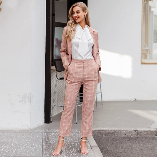 Two-piece pink plaid nine-point pants slim suit women