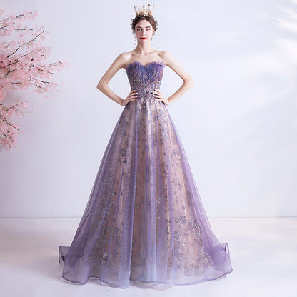 Strapless Purple Sequin Starry Dress Wedding Dress