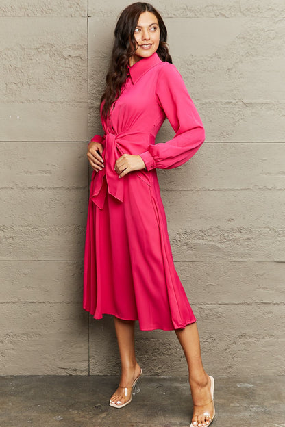 Collared Neck Long Sleeve Twisted Midi Dress
