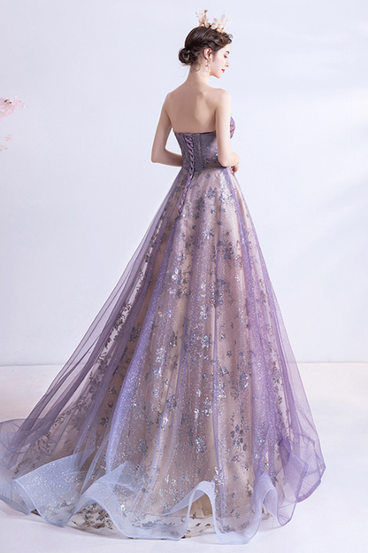 Strapless Purple Sequin Starry Dress Wedding Dress