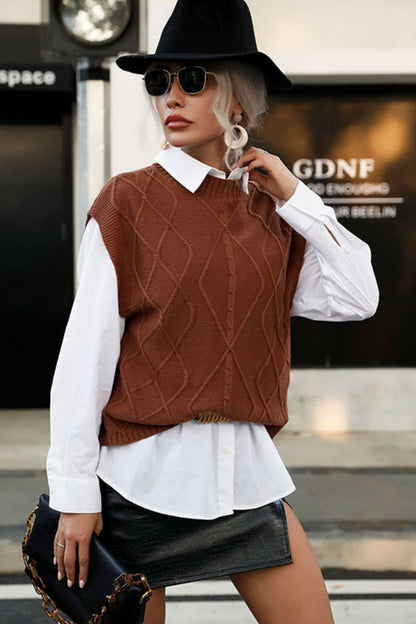 Cable-Knit Crewneck Capped Sleeve Sweater Vest
