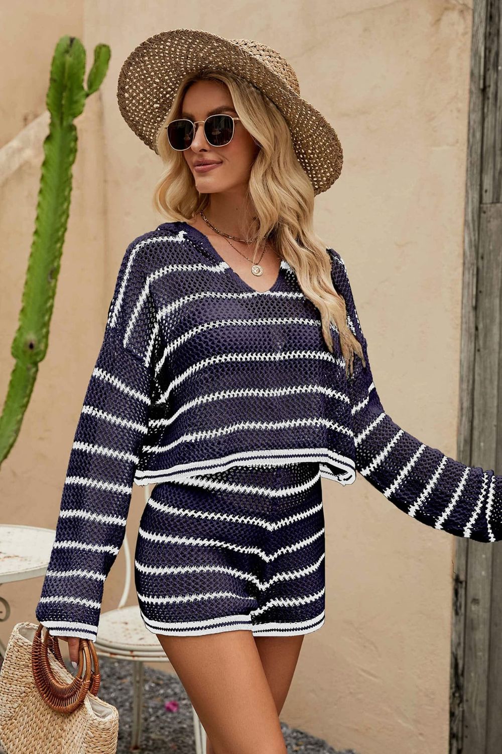 Striped Openwork Knit Hoodie and Shorts Set