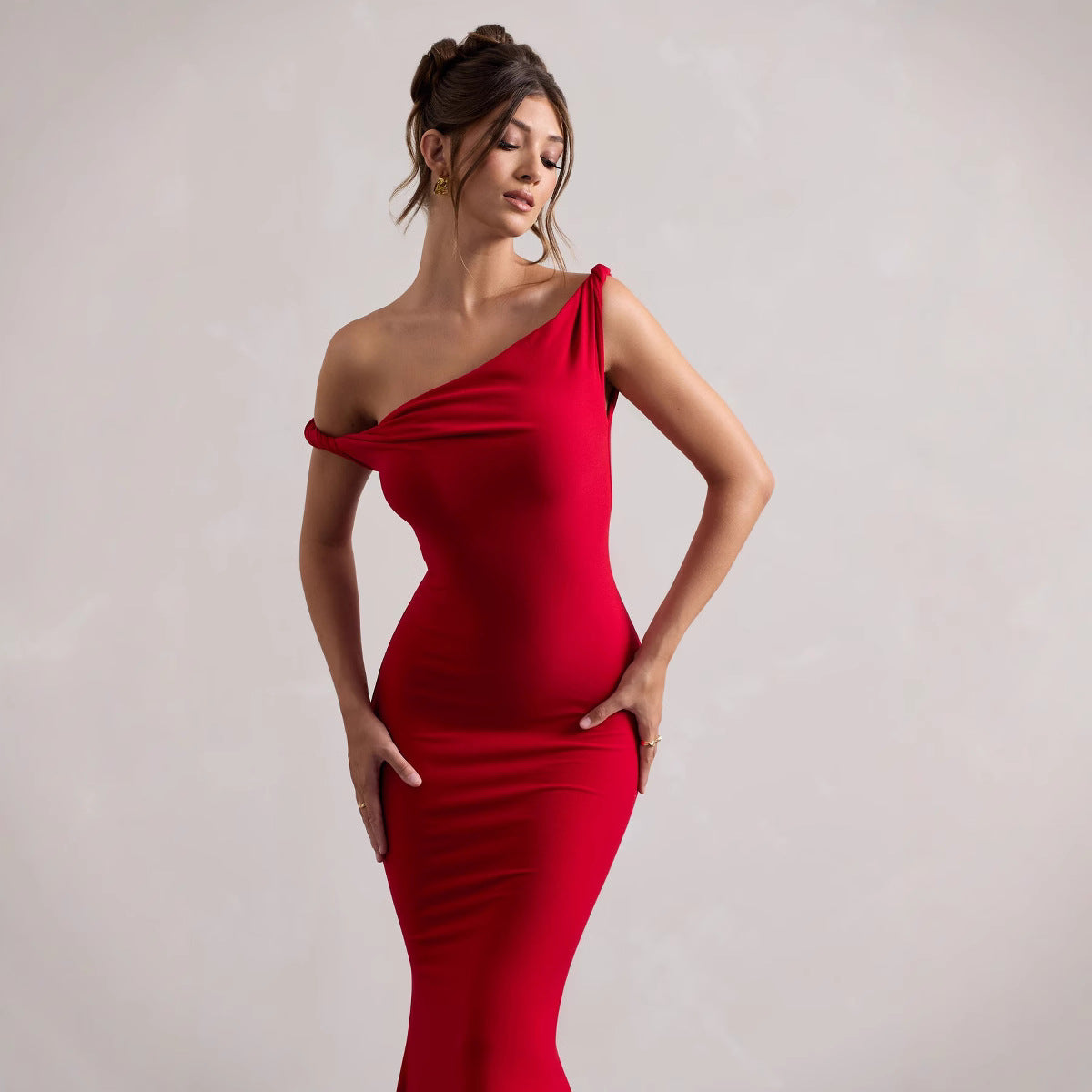 Womens One-Shoulder Slim-Fit Sheath Solid-Color Dress