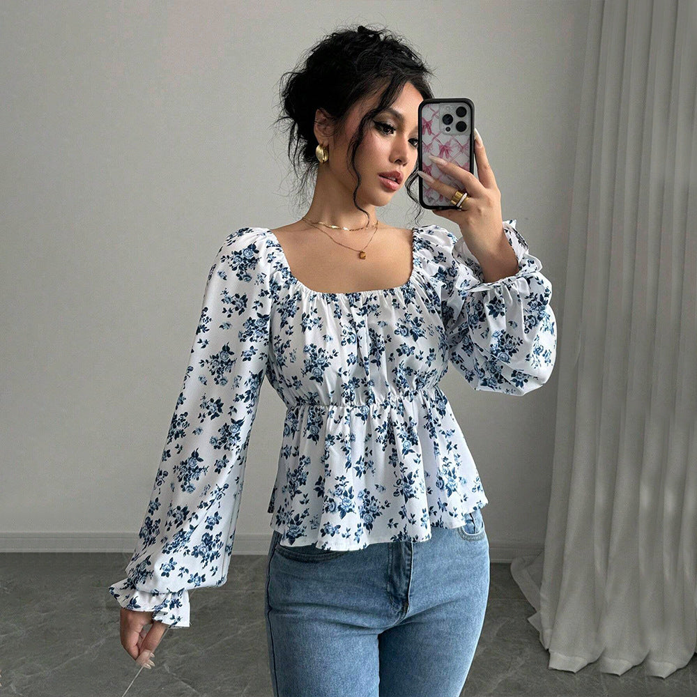Autumn And Winter Square Neckline Puff Sleeve Popular Floral Long Sleeve Top