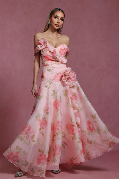 Retro Floral Waist-Cinching Casual Printed Off-Shoulder Dress