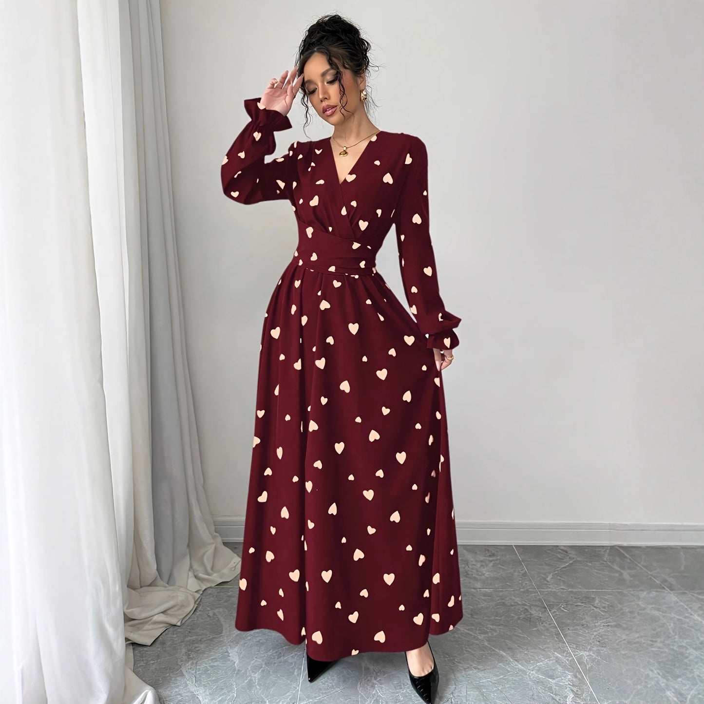 Women's Printed V-Neck Long Sleeve Waist Tie Dress