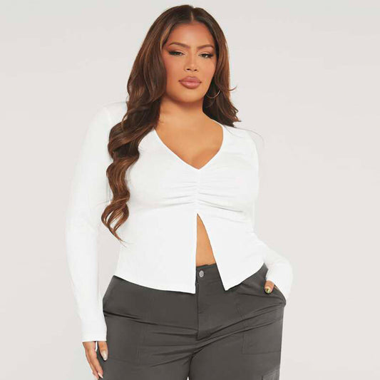 Women's Slim Fit Slit Stretch Knit Casual Versatile Long Sleeve Top