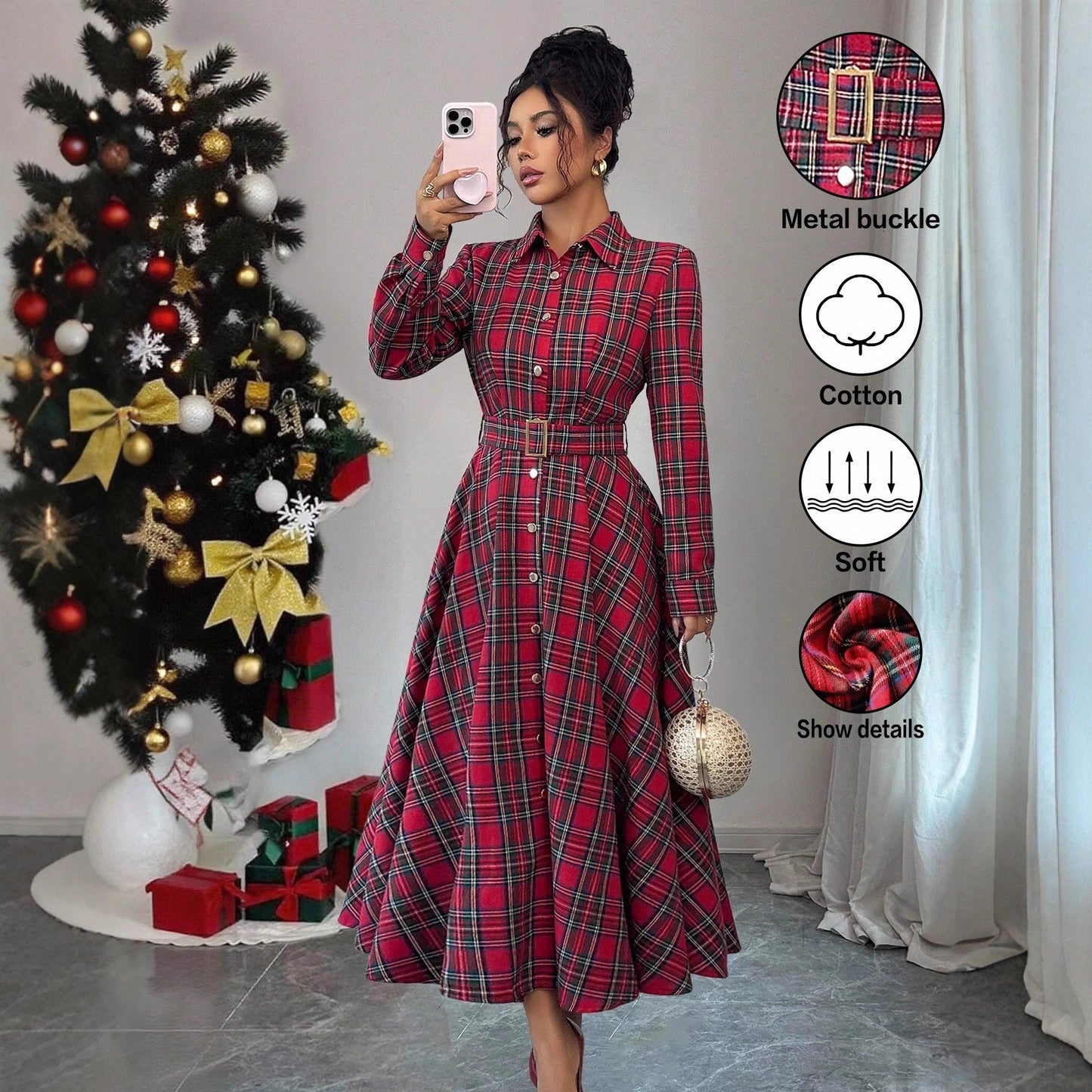 Elegant Romantic Woven Plaid Long Sleeve Dress