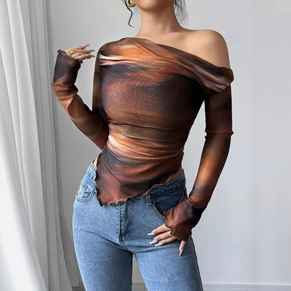New Stylish Tie-dye Printed Asymmetrical Long-sleeve Top