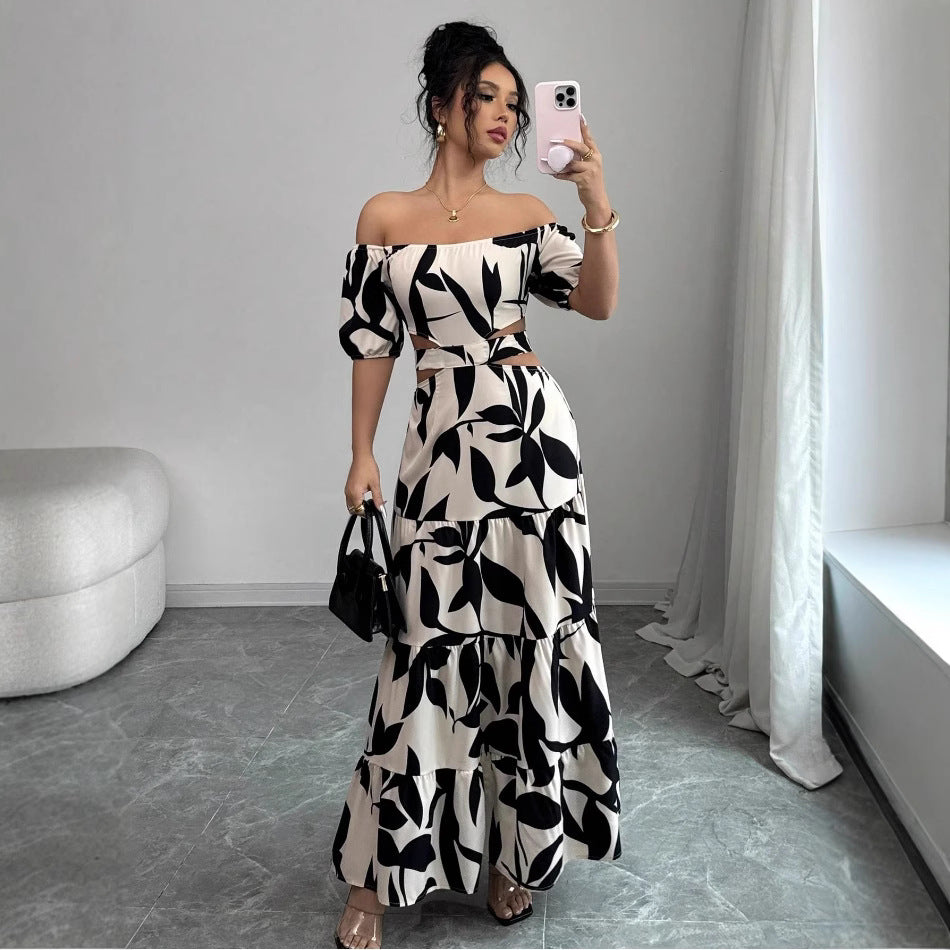 Off-shoulder Sexy Hollow-out Dress Printed Bodycon