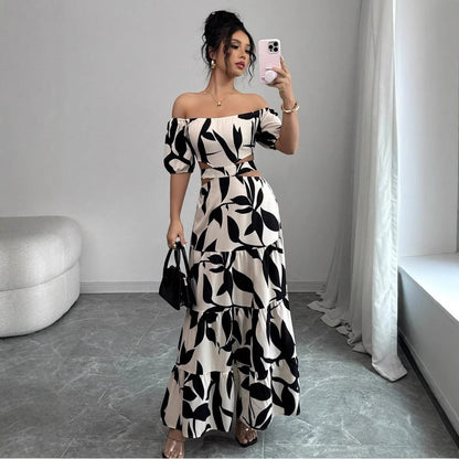 Off-shoulder Sexy Hollow-out Dress Printed Bodycon