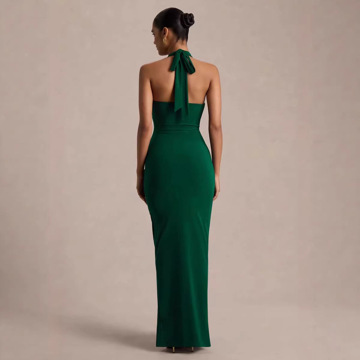 Chic V Neck Halter Dress With A Tie Figure Flattering Design And Stylish Pleats