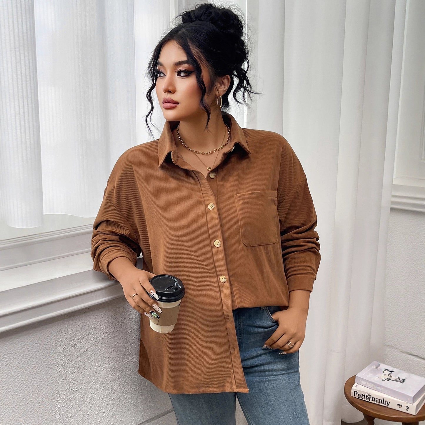 Women's Shirt Solid Color Lapel Corduroy Casual