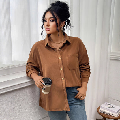 Women's Shirt Solid Color Lapel Corduroy Casual