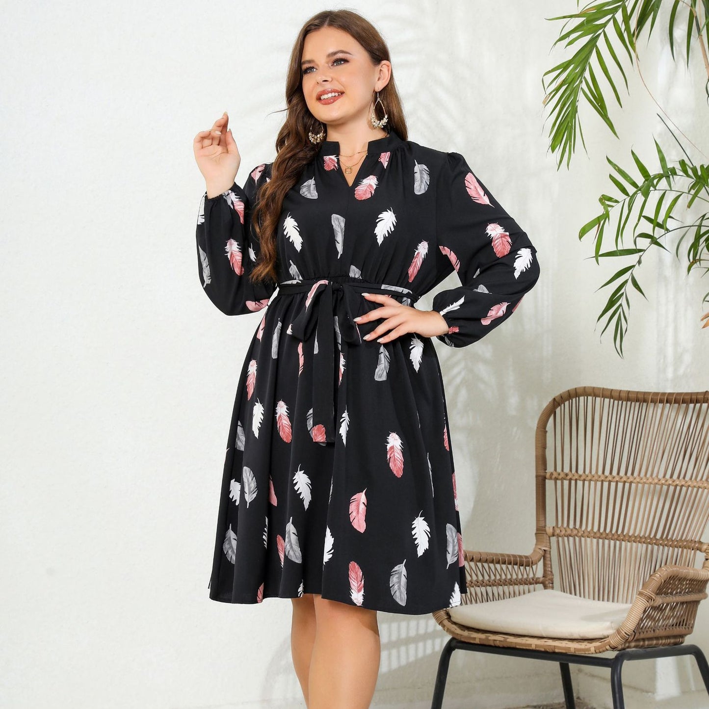 Printed Long Sleeve Waist-tight European And American Plus Size Dress
