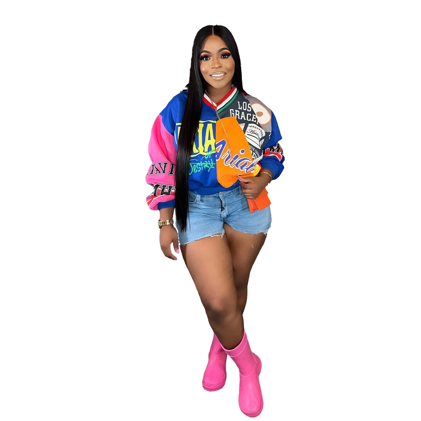 Women's Casual Fashion Stitching Contrast Color Letter Printing Loose V-neck Sweatshirt