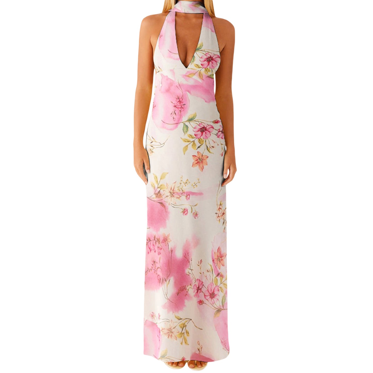 Womens Floral Halterneck Deep V-Neck Backless Bodycon Maxi Dress