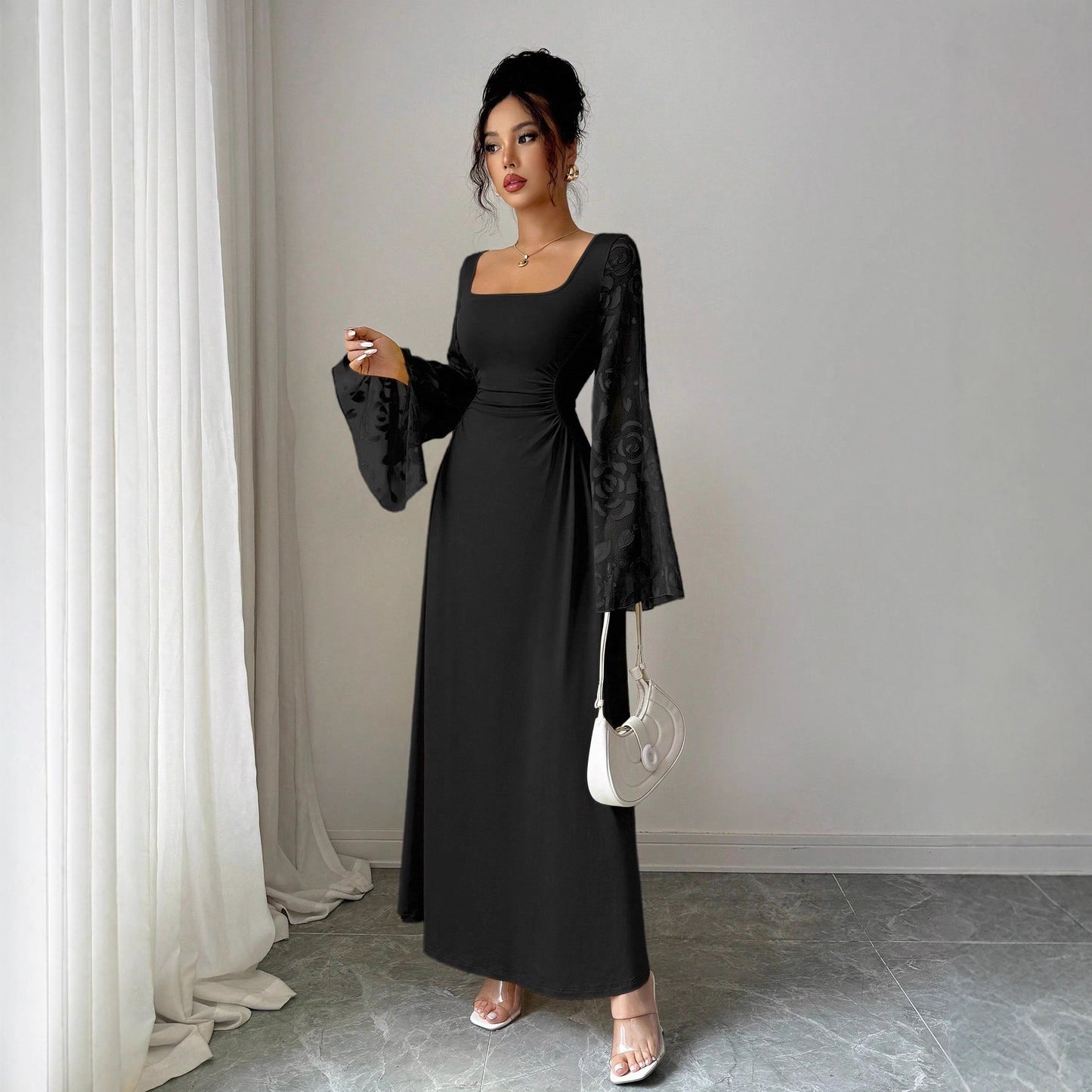 Lady's Elegant Temperament Retro Solid Color Square Neck Long Sleeve Trumpet Sleeve Dress