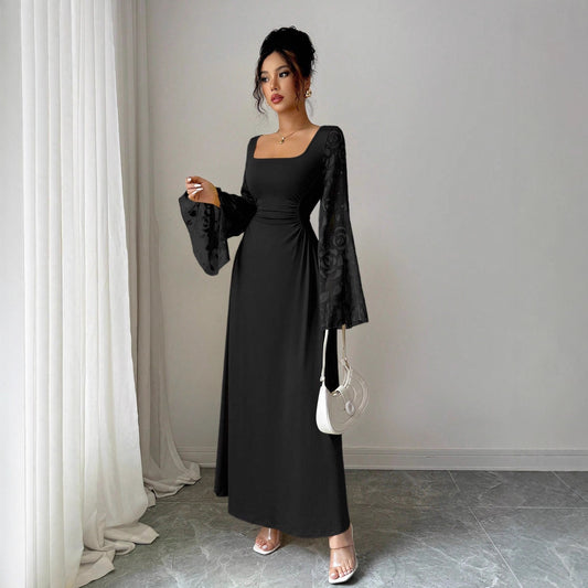 Lady's Elegant Temperament Retro Solid Color Square Neck Long Sleeve Trumpet Sleeve Dress