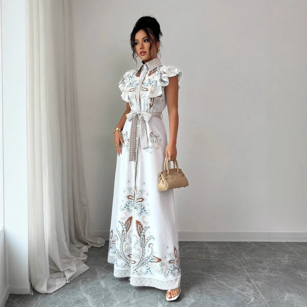 Women's Retro Printed Long-Sleeve Waist-Cinching Single-Breasted Stand-Neckline Dress