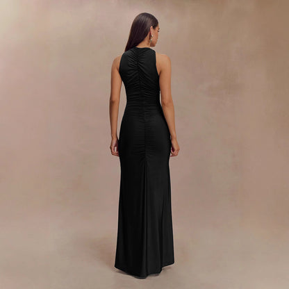 Sleeveless Pleated Elegant Solid-color Maxi Dress