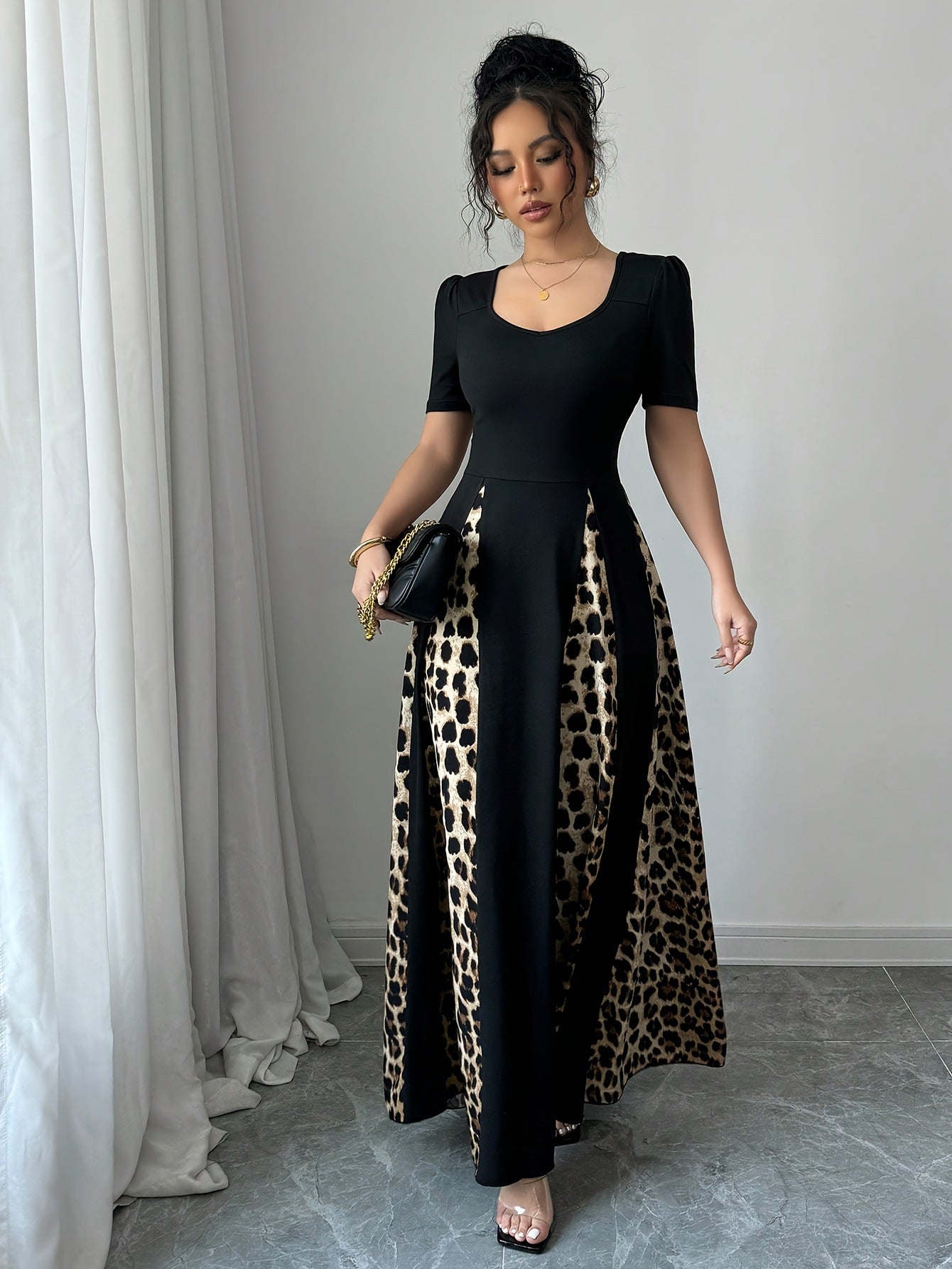 Women's Leopard-print Contrast-color Dress