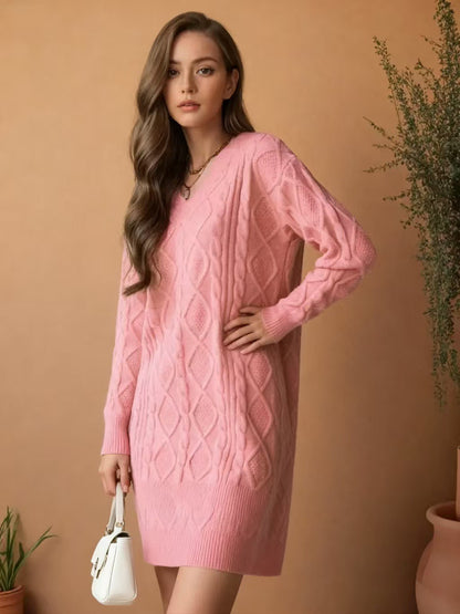 Mid-length Sweater V-neck Knitted Casual Twist Dress