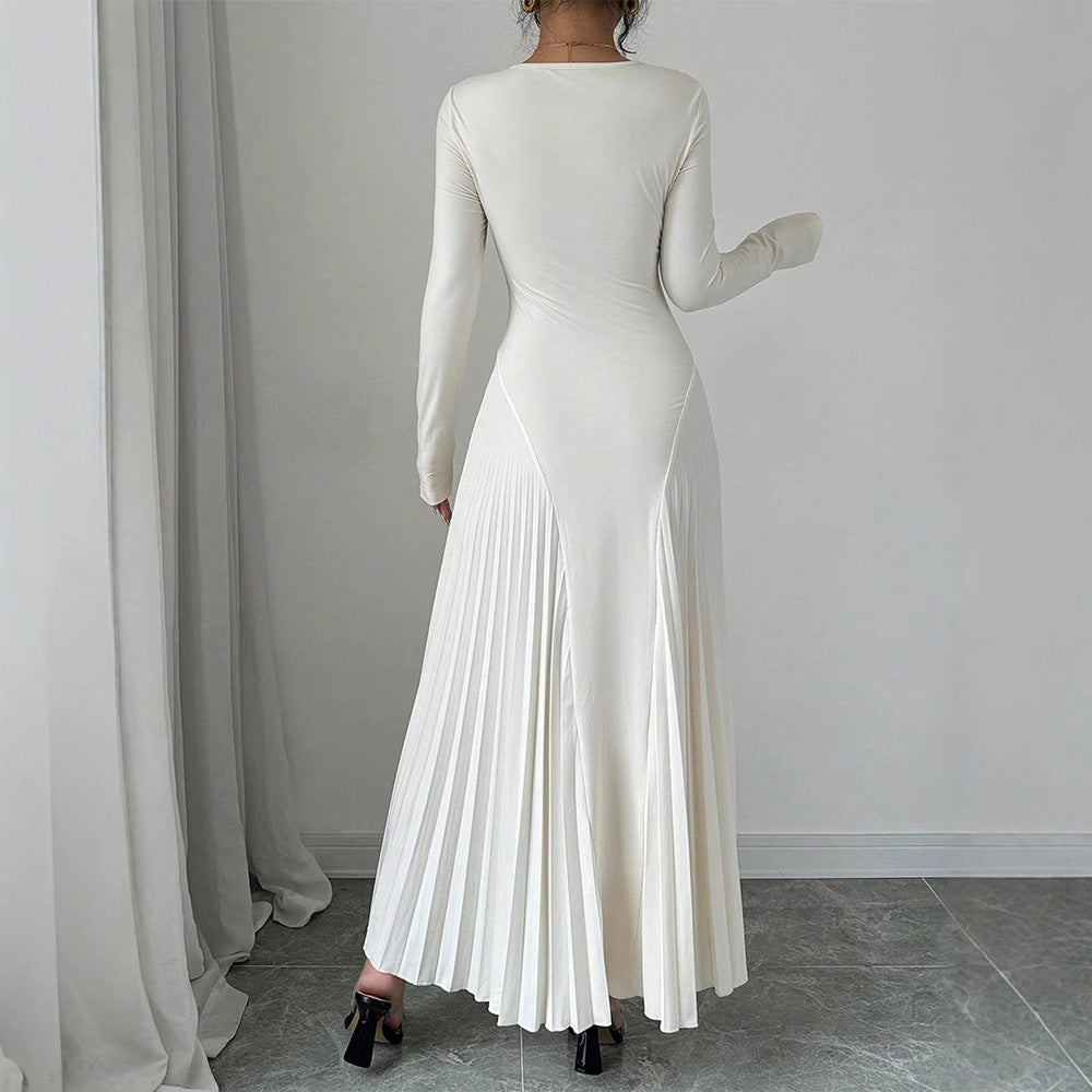 Long Sleeve Knitted Long Skirt Pleated Dress Elegant