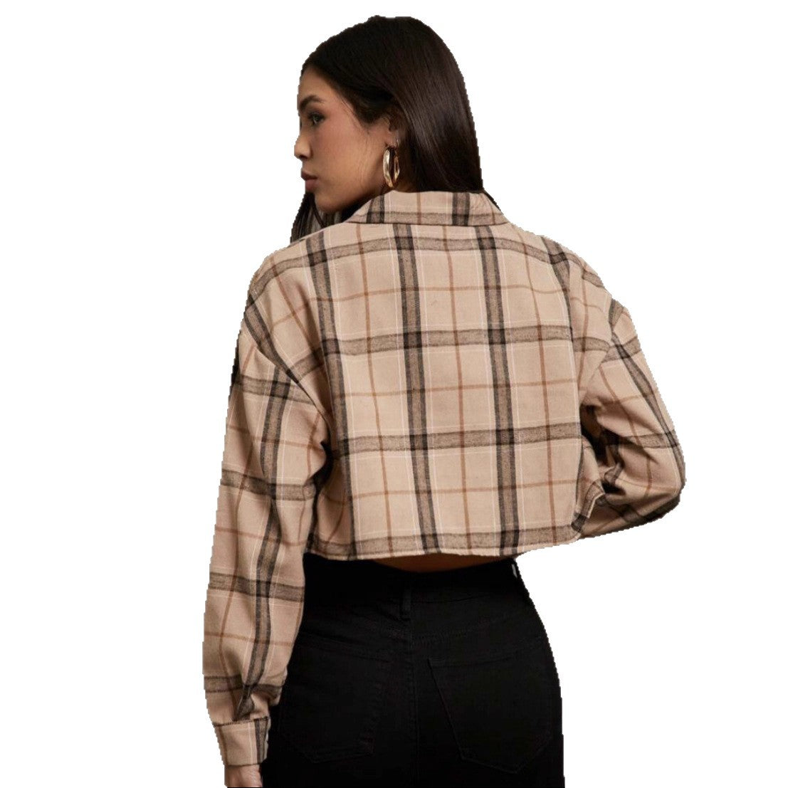 Short Long Sleeve Plaid Cropped Lapel Shirt