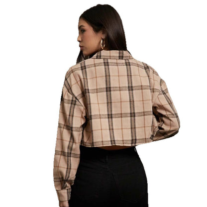 Short Long Sleeve Plaid Cropped Lapel Shirt