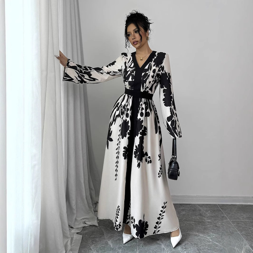Temperament Print V-neck Slim Long Dress With Waist Belt Long Sleeves