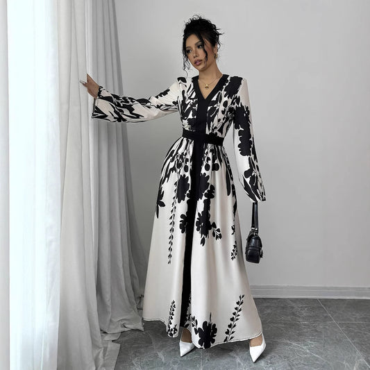 Temperament Print V-neck Slim Long Dress With Waist Belt Long Sleeves