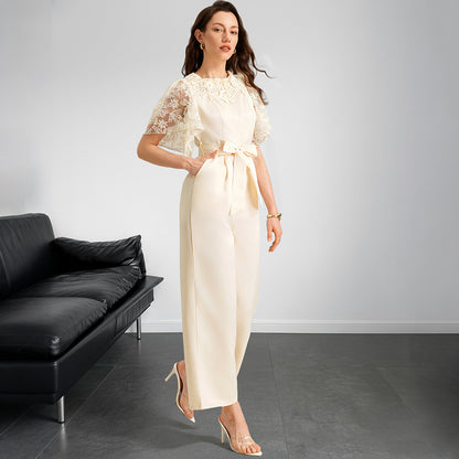 Womens Versatile Solid-Color Casual Satin Jumpsuit