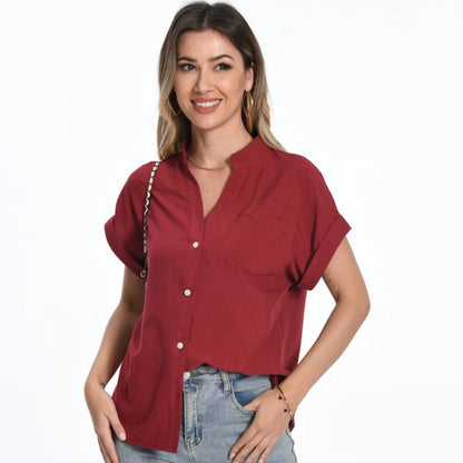 Stand Collar Button Fashion Comfortable Short Sleeve Women's Summer Top