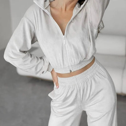 Fashion Women's Long-sleeve Lapel Zip-up Cardigan Hoodie Fleece Sweater Trousers