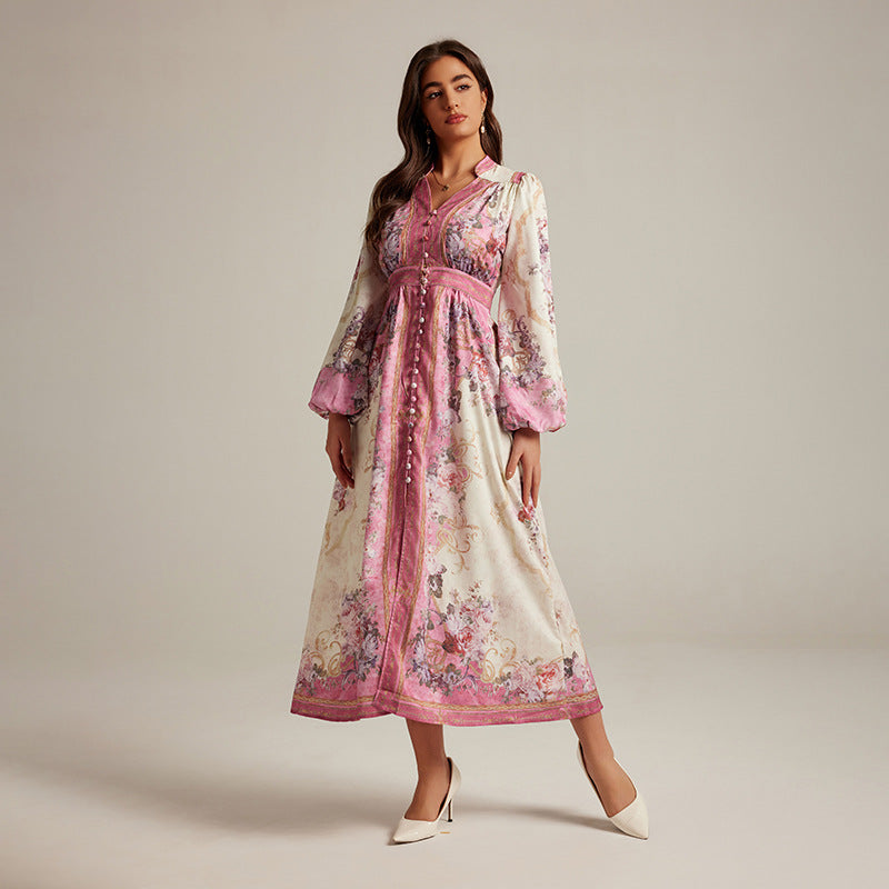 Special Interest Design Style V-neck Vintage Printed Maxi Dress For Women