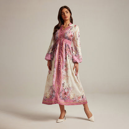 Special Interest Design Style V-neck Vintage Printed Maxi Dress For Women