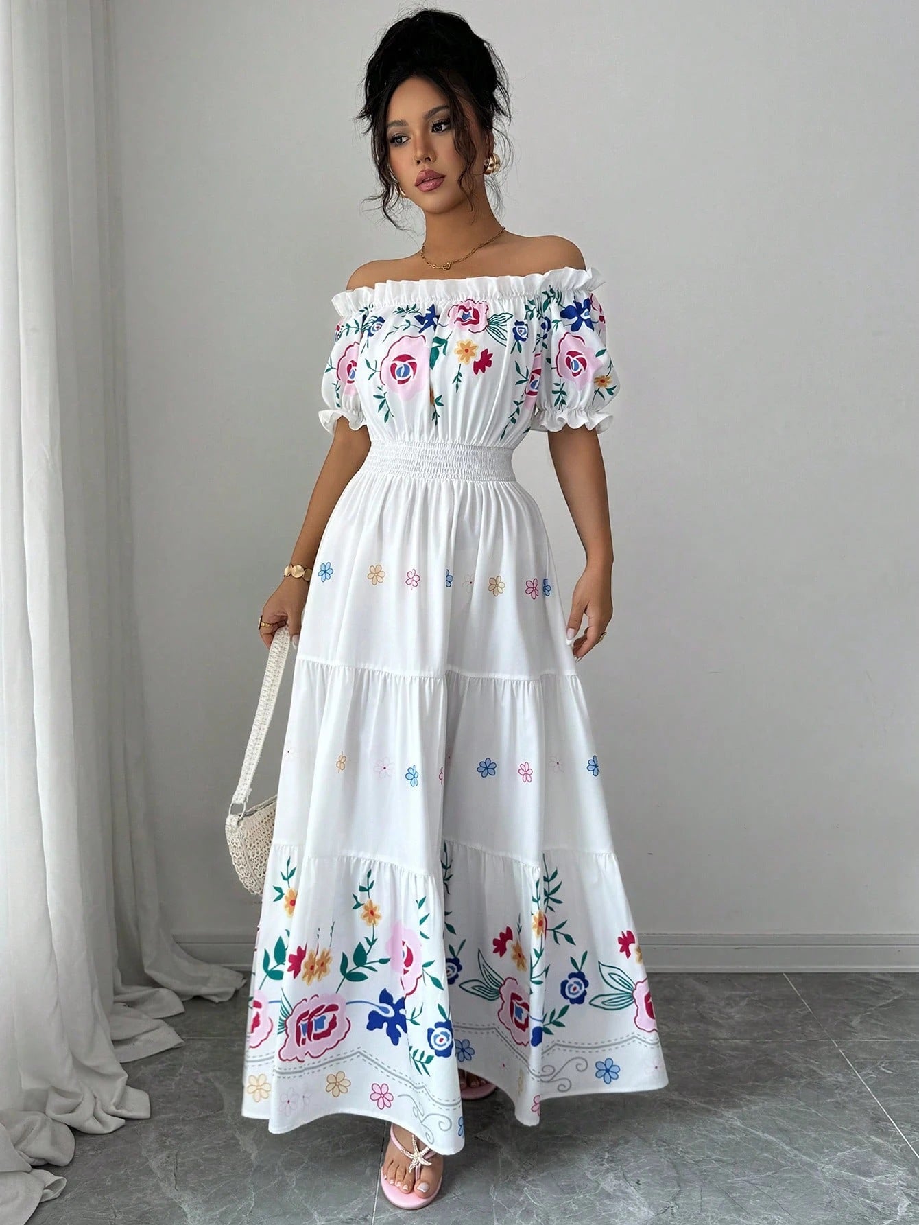 One-shoulder Puff Sleeve Floral Print Waist-tapered Trumpet Skirt