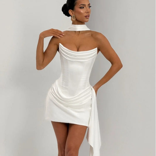 White Short Satin Sleeveless Fishtail Dress