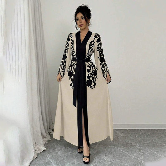 Women's V-neck Long Cardigan Printed Flared Long-sleeve Lace-up Dress