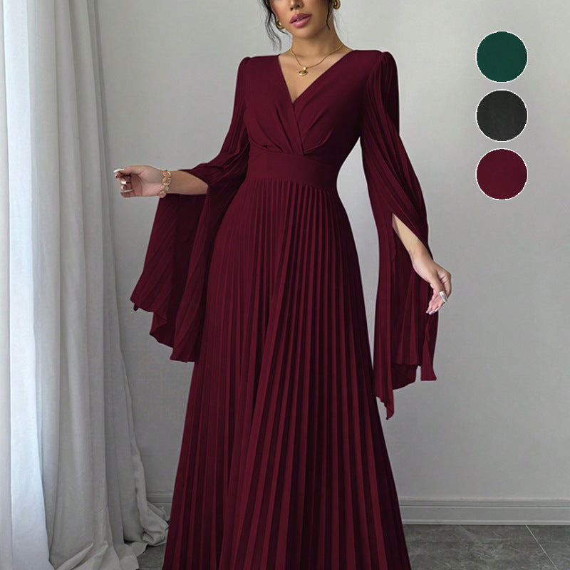 Women's High-waisted Long Deep-V-neck Long-sleeve Flared-sleeve Dress