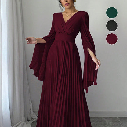 Women's High-waisted Long Deep-V-neck Long-sleeve Flared-sleeve Dress