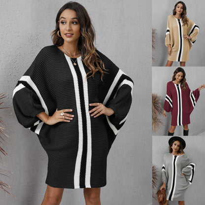 Knit Sweater Loose Bat Sleeve Contrast Color Stitching Dress