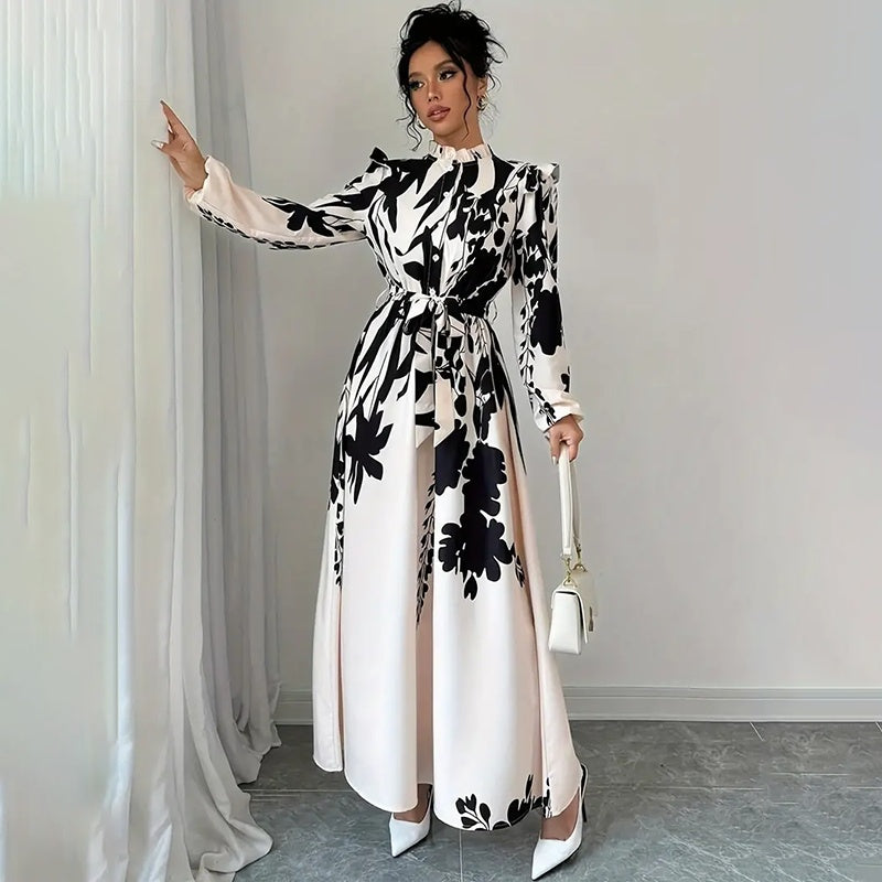 Women's Floral Print Long Sleeve Maxi Dress - Stand Collar A-Line Dress With Waist Detail, Lantern Sleeves & Ruffle Hem For Spring&Fall