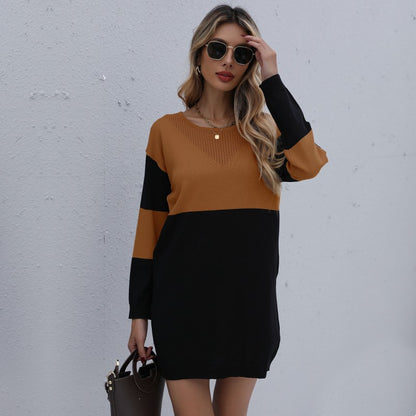 Women's Fashionable Temperament Round Neck Colorblock Sweater Dress