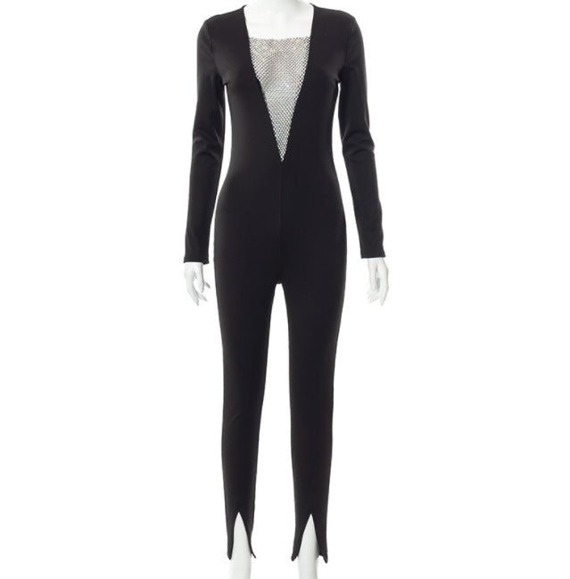 V Neck Long Sleeved Split Sexy Jumpsuit With Diamonds
